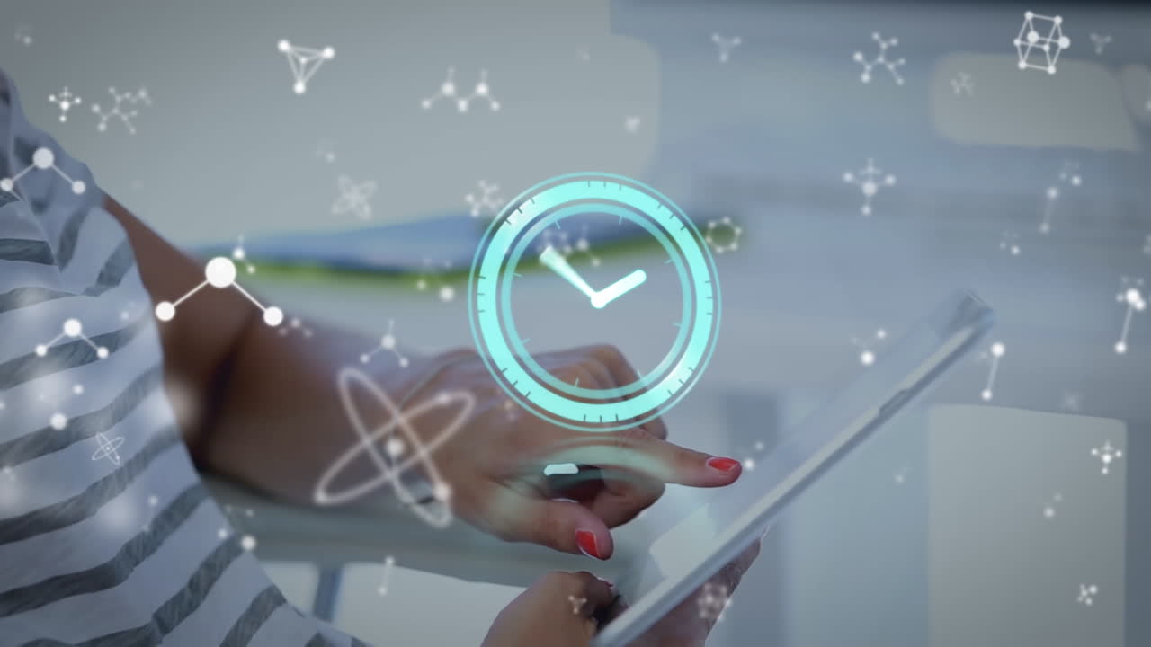 animación de reloj y moléculas sobre la gente studding