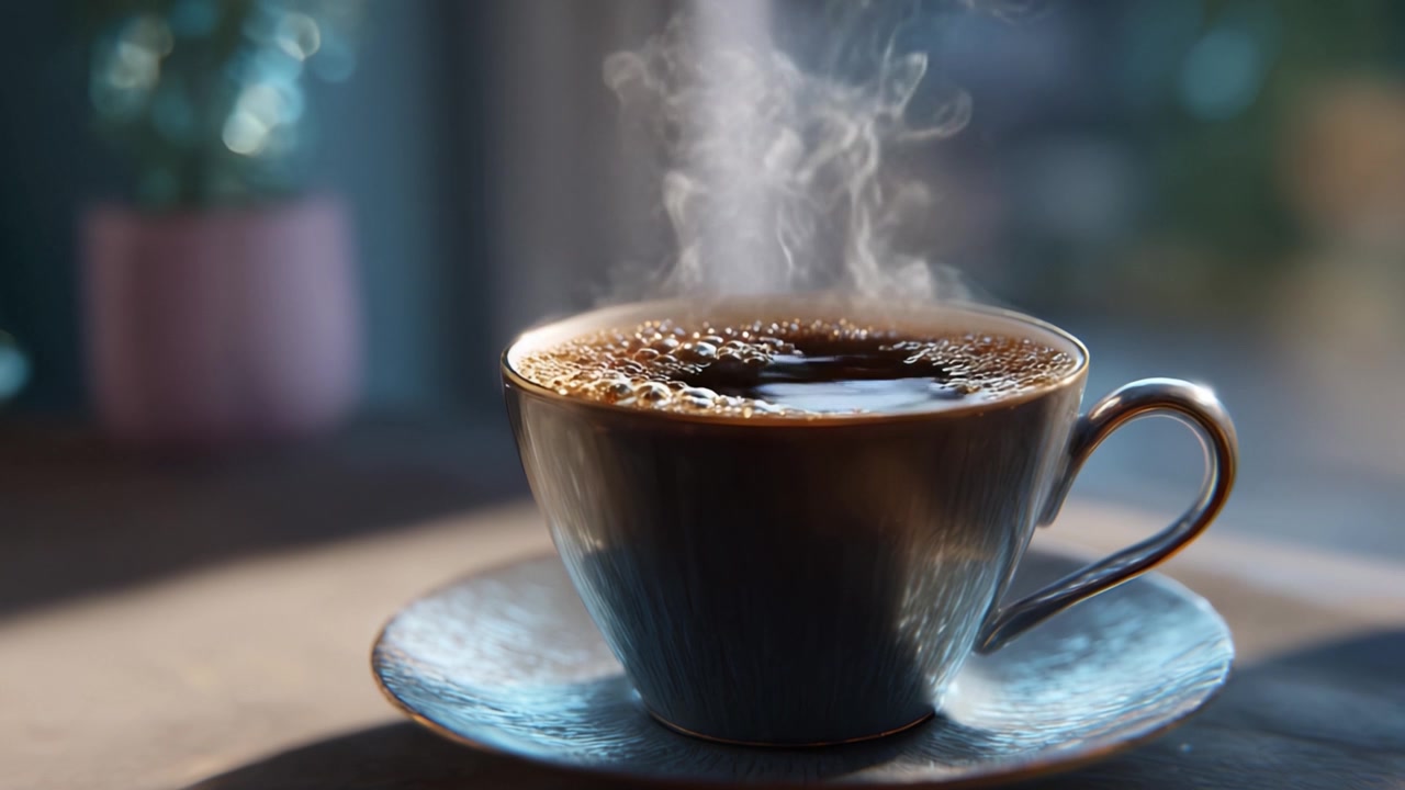 En smuk kop dampende kaffe i morgenlyset, der inviterer dig til at nyde dens rige aroma og kraftige smag, perfekt til enhver kaffeelskers afslapningsøjeblik.