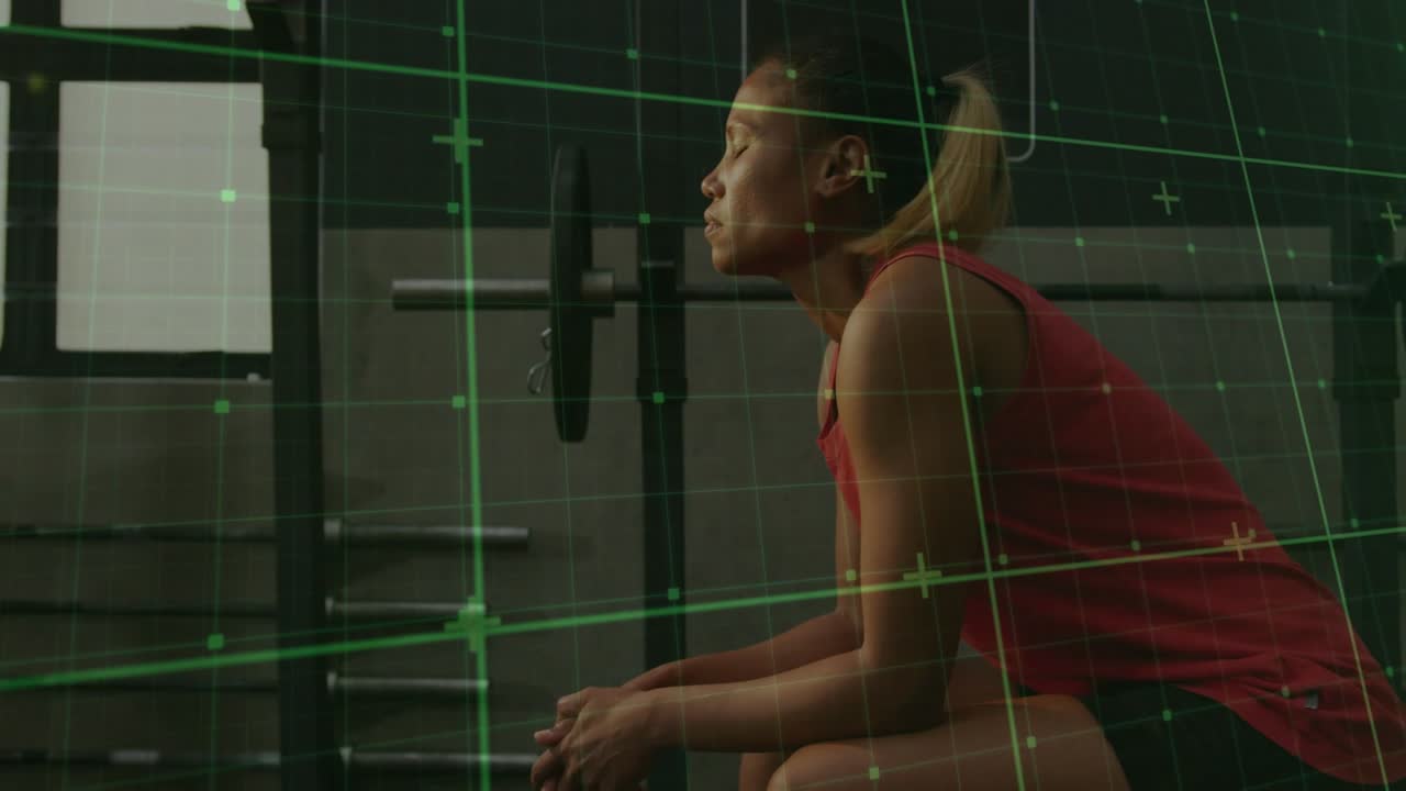 Athlete breathing on gym bench, lifting head while green grid tracking posture preparing next lift