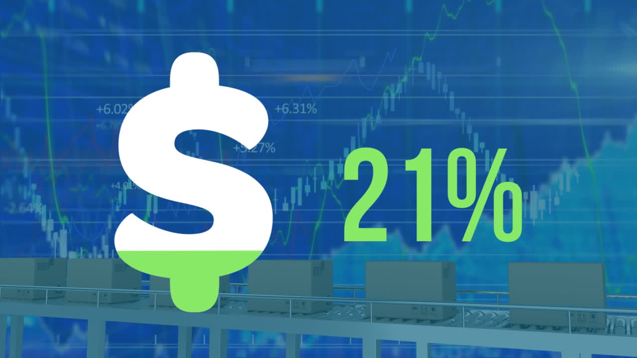 Animation of american dollar sign filling up with green with percent and financial data processing