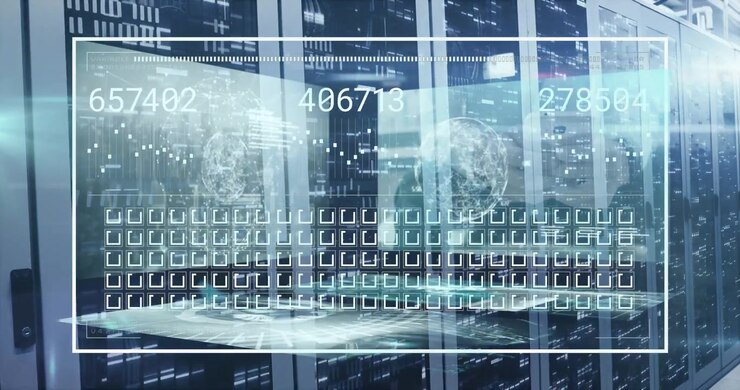 Animation of numbers and data processing on screen over computer servers