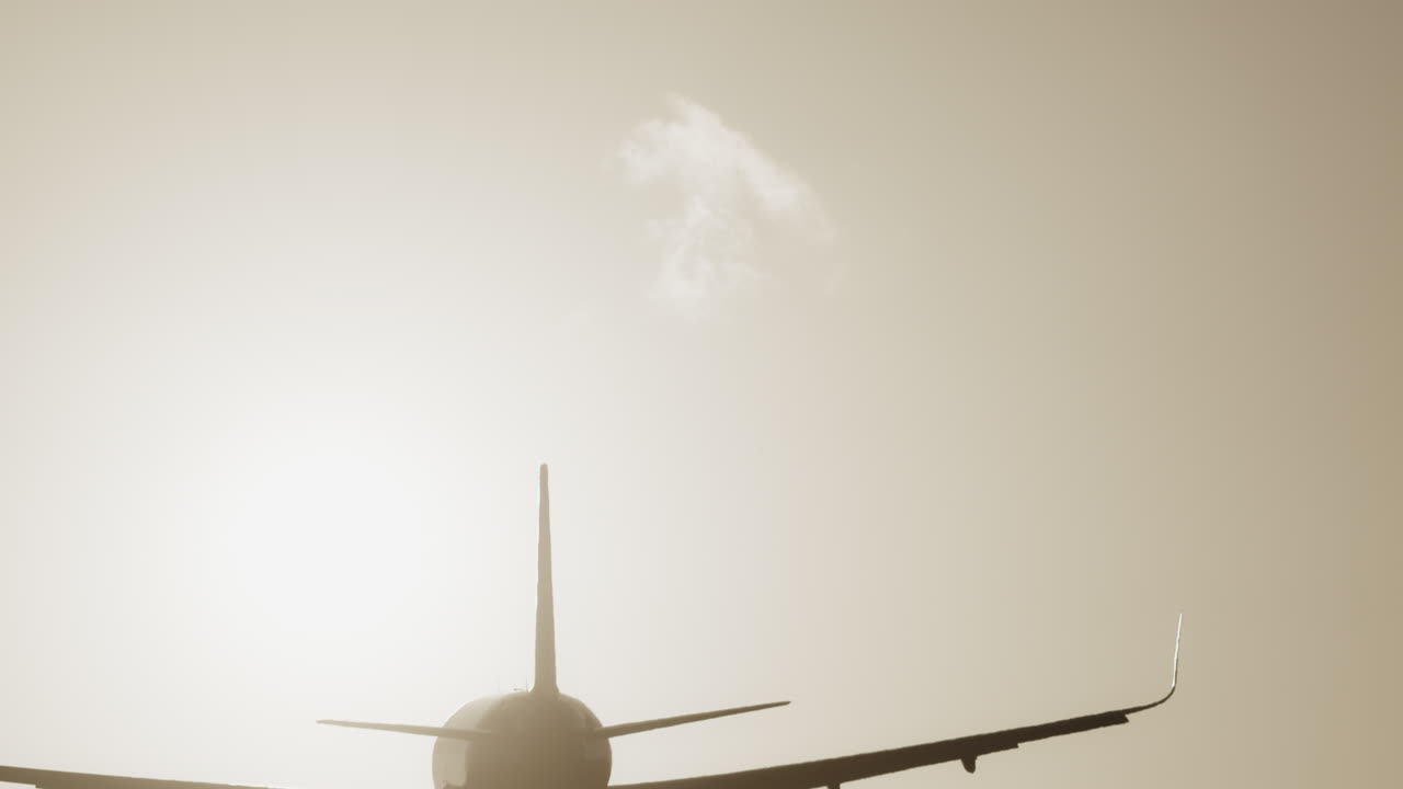 공항에 착륙하기 위해 석양 아래에서 매우 느린 속도로 머리 위를 날아가는 비행기