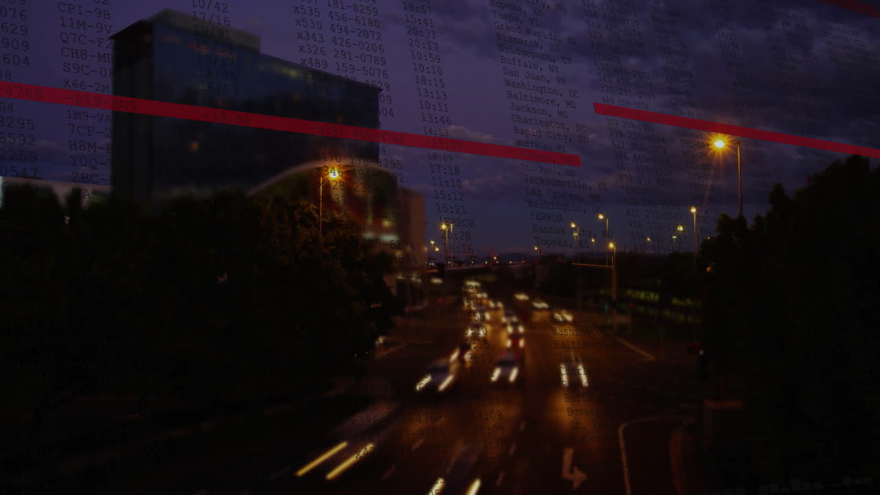 Processing data animation overlay on city traffic at night, lights creating patterns