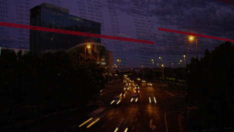 processing data animation overlay on city traffic at night, lights creating patterns