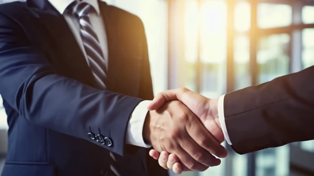 Primo piano, ripresa all'altezza degli occhi di due professionisti che si stringono la mano in un ufficio moderno.