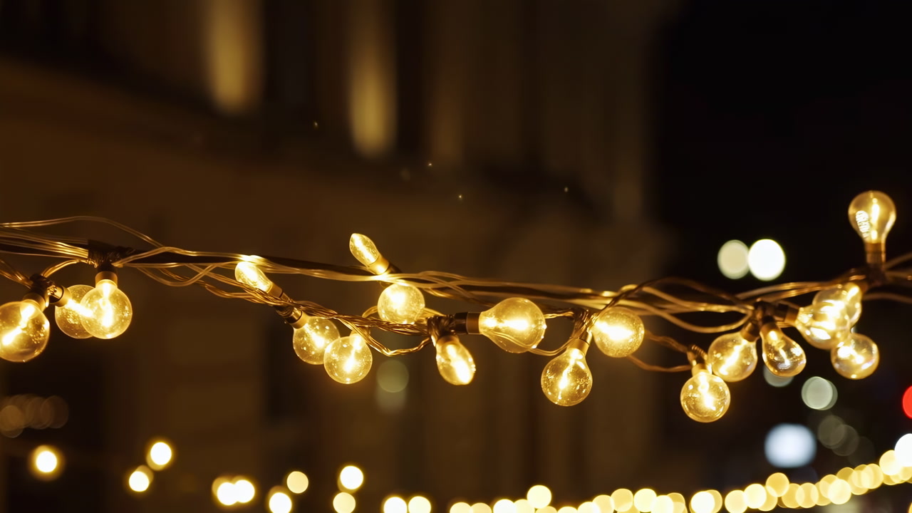 Warm String Lights Glowing Against Urban Night Bokeh, Golden Bulbs Draped Across Street, Shallow Depth