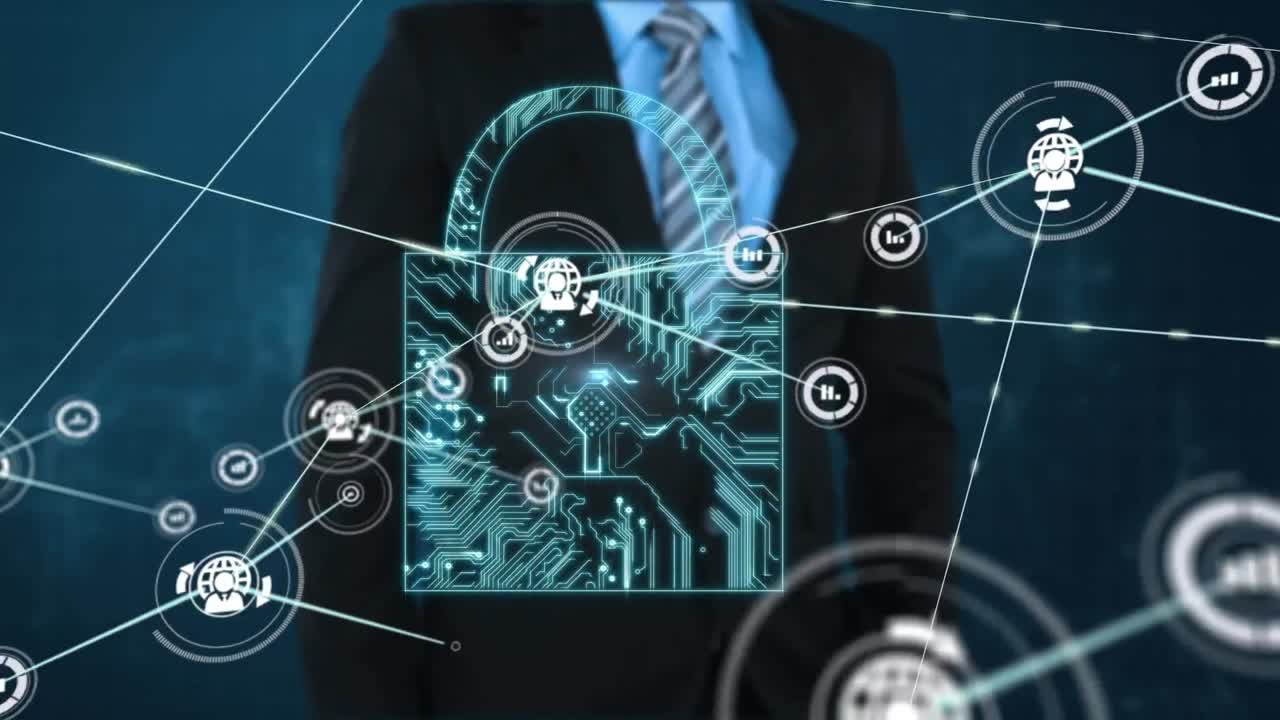 animación de la red de conexiones con iconos, candado digital y hombre de negocios