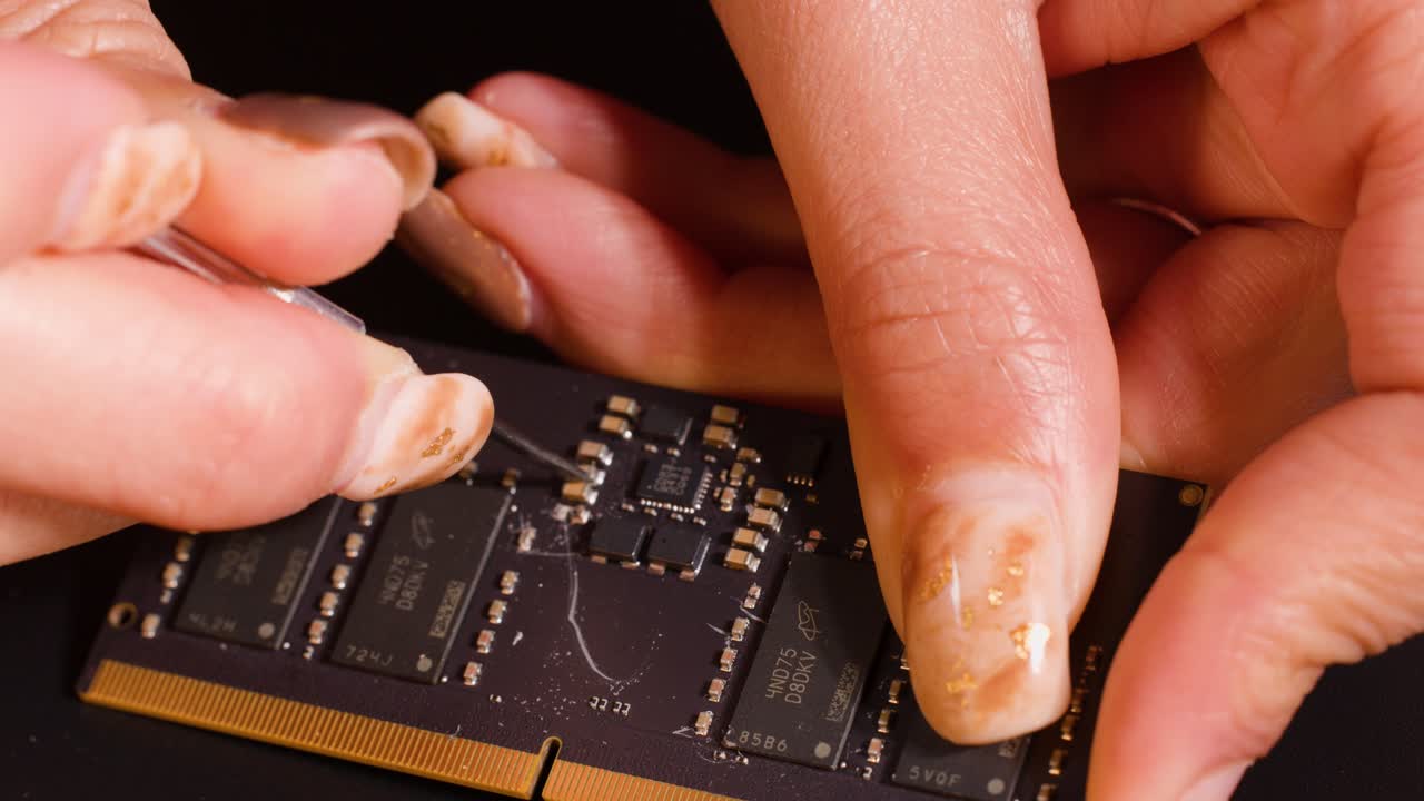 Close-up shot of hands using a tool to repair a computer RAM memory module