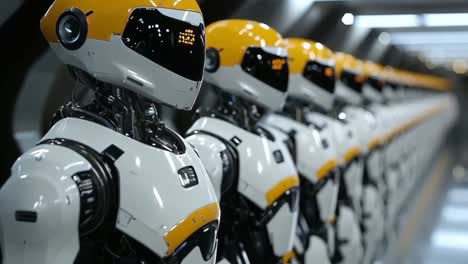 a row of robots lined up in a row in a tunnel