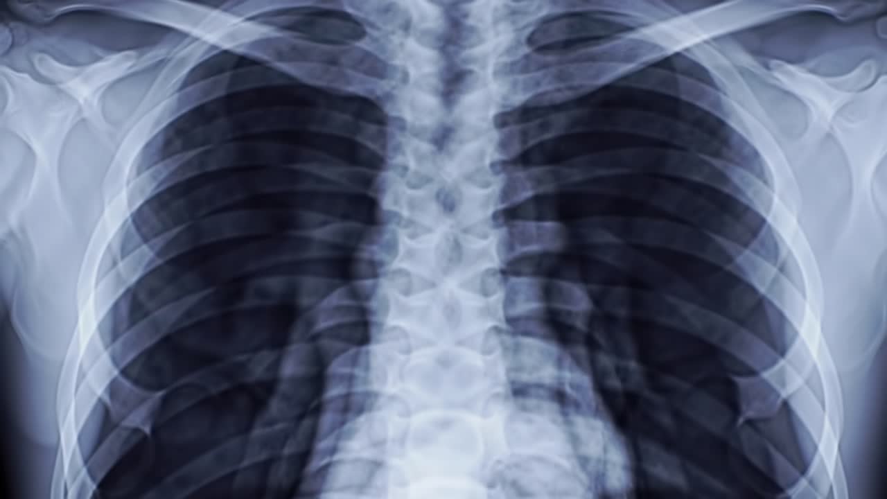 A human chest X-ray shows a clear view of the ribcage, lungs, and spine, highlighting the internal structures for diagnostic evaluation in a medical facility.