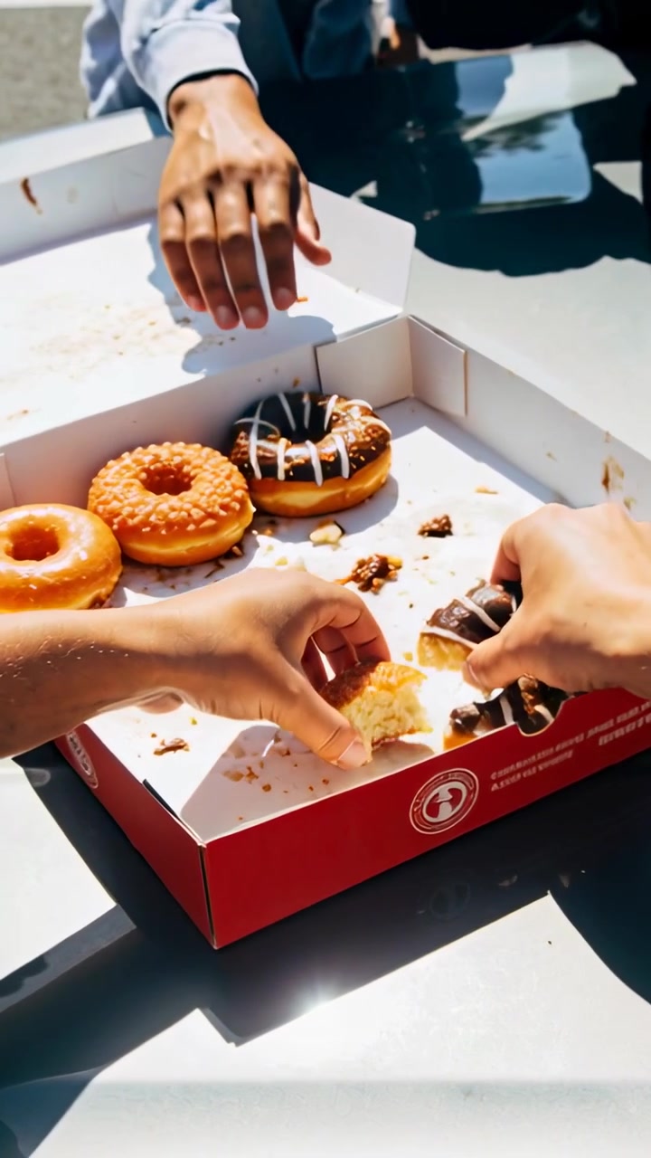 Vídeo vertical: Abertura de caixa, amigos a pegar em donuts de uma caixa vermelha no pátio, partilhando migalhas.