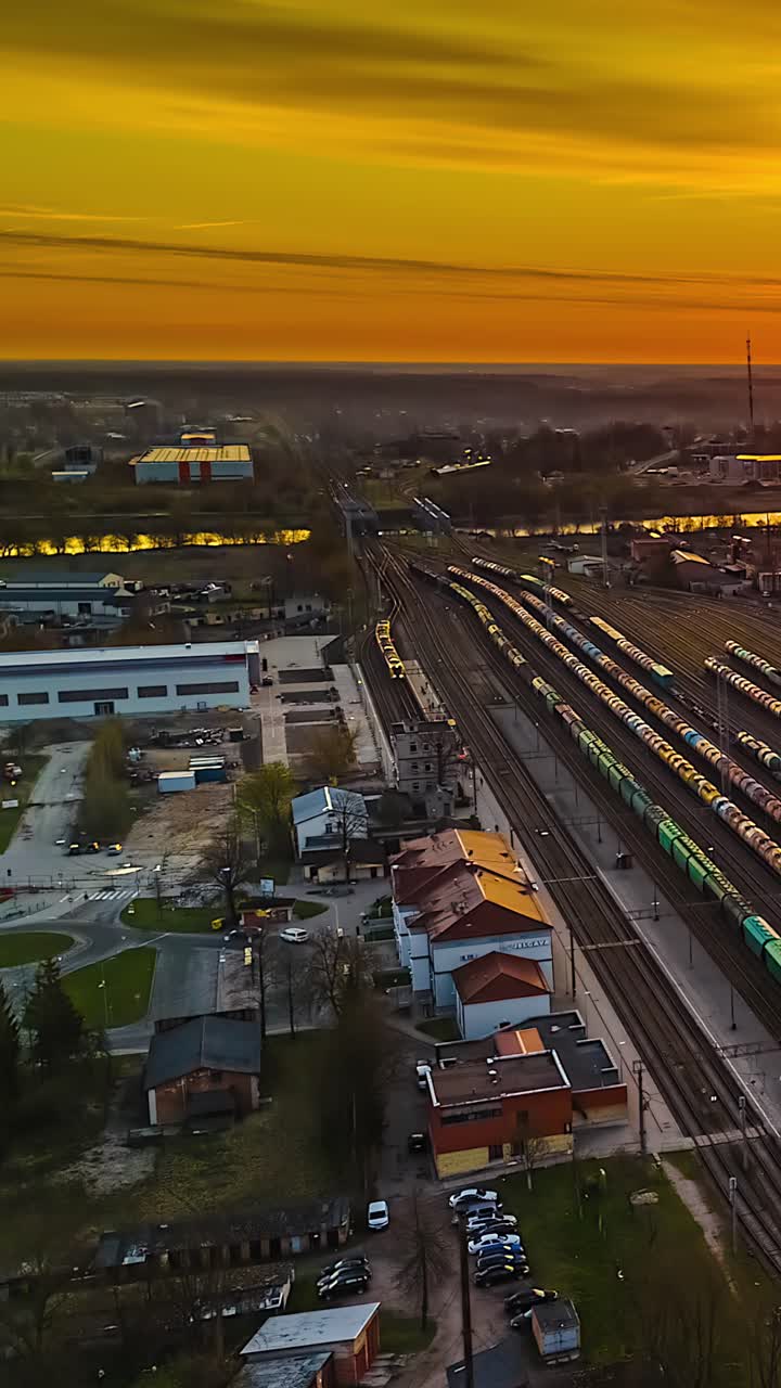 Aerial view of trains at sunset in a vertical timelapse perspective