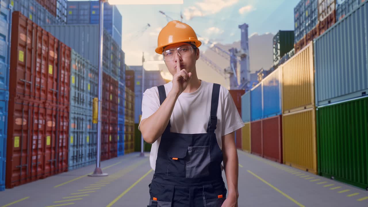 hombre asiático trabajador con gafas de protección y casco de seguridad mirando a la cámara y haciendo un gesto de silencio mientras está de pie en el almacén del patio de contenedores