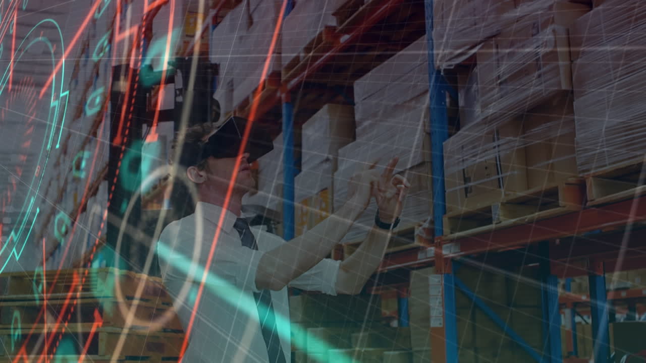 escaneo de alcance sobre la red de red contra el hombre caucásico que lleva auriculares vr en el almacén