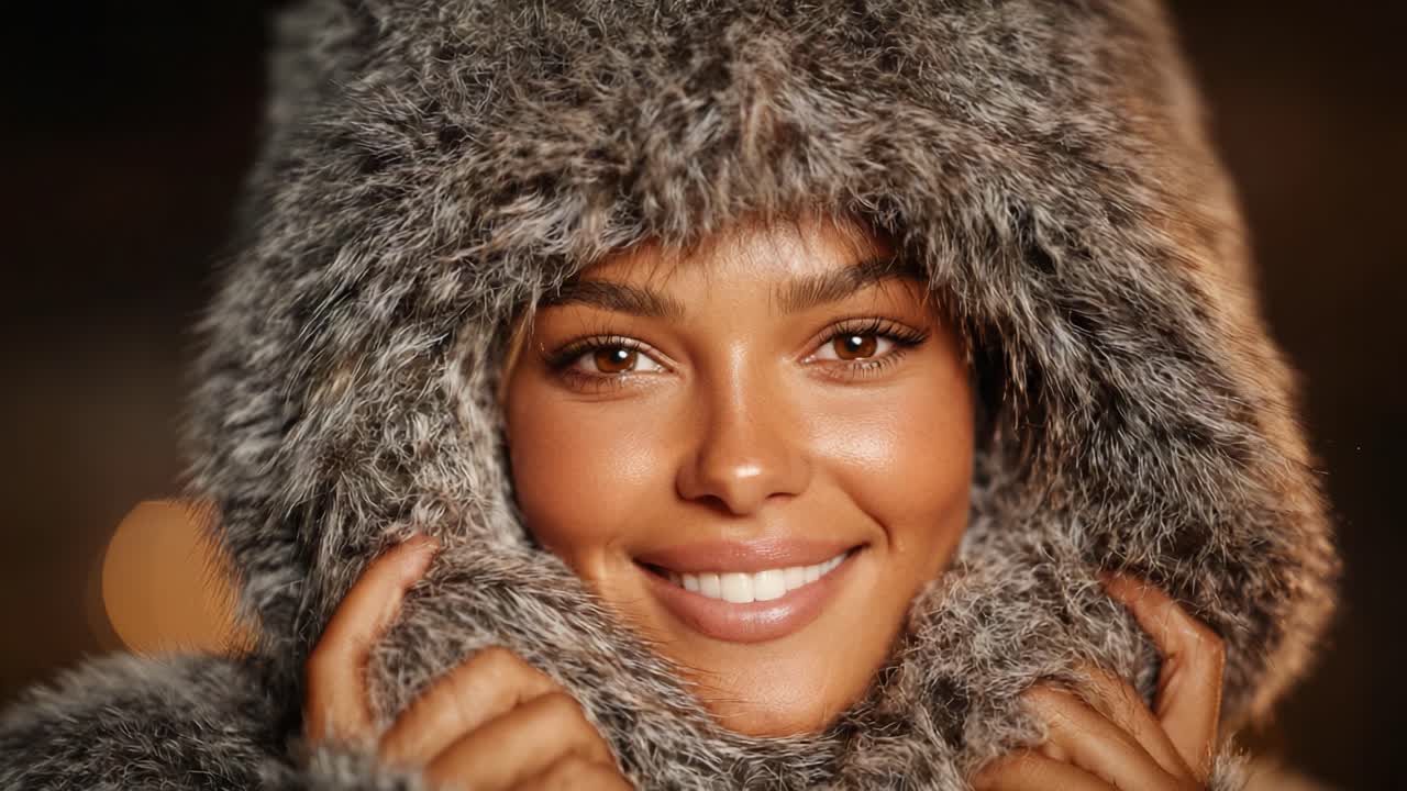Captivating close-up of a smiling individual wearing a cozy fur hood against a softly illuminated background, radiating warmth and joy