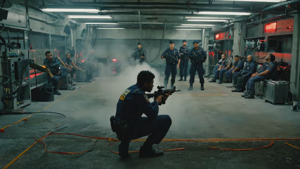 A group of police officers with guns in a smoky room