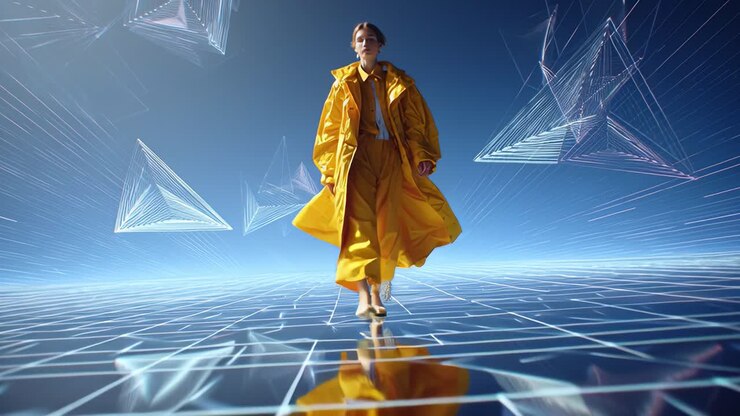 Uma figura dinâmica caminhando com confiança por uma paisagem digital reflexiva, usando um casaco amarelo vibrante e transmitindo uma sensação de elegância futurista em meio a visuais geométricos, exibindo arte e estilo modernos