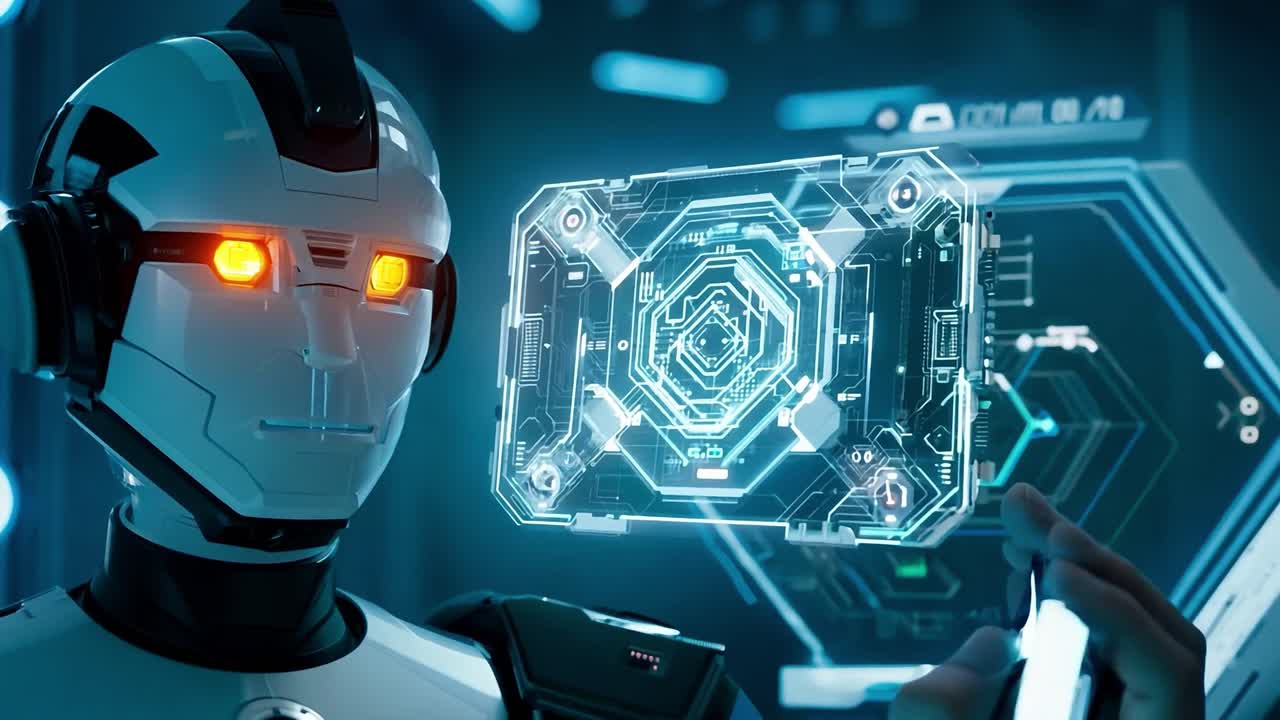 un robot futurista interactúa con una interfaz digital