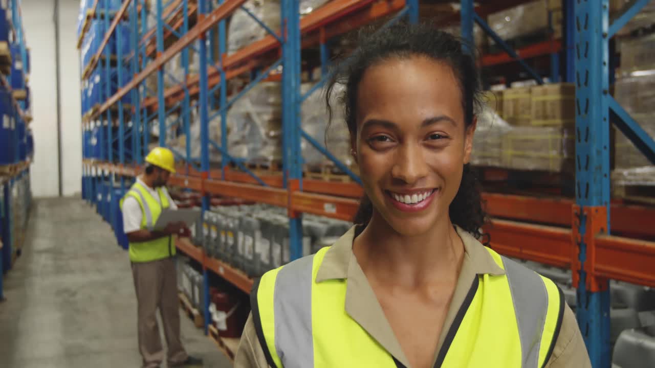 joven trabajadora que usa un teléfono inteligente en un almacén