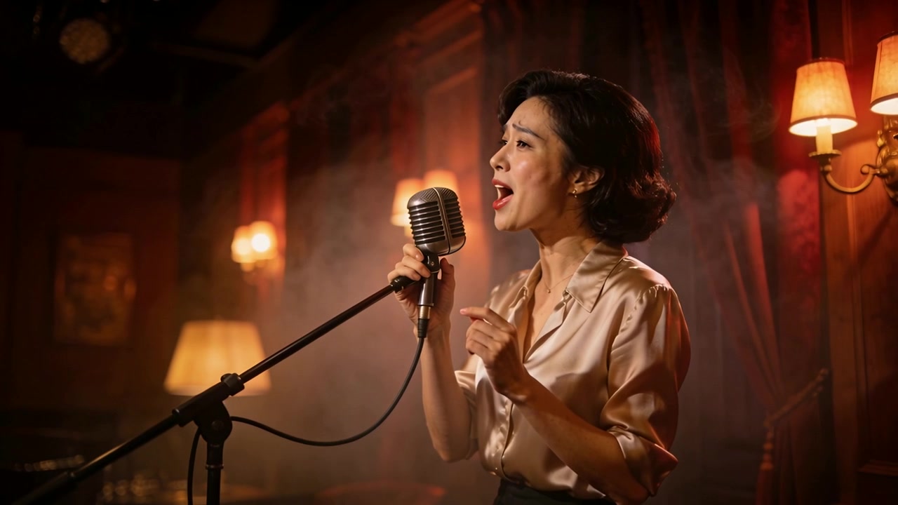 Cantante che canta dopo un segnale, che si eleva verso una nota alta in camicetta di raso con microfono vintage, spazio per il testo
