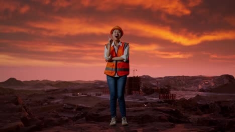 trabajador de la construcción en un sitio de minería al atardecer