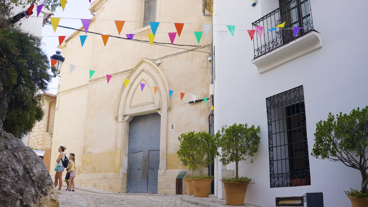 Colorful European Town Street Scene with Church