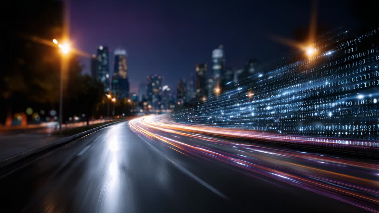 Una vista notturna ipnotica di un paesaggio urbano illuminato da lampioni e luci al neon vivaci, che mostra una miscela dinamica di scie di luce evanescenti e dati binari a cascata che simboleggiano la trasformazione digitale e il progresso tecnologico