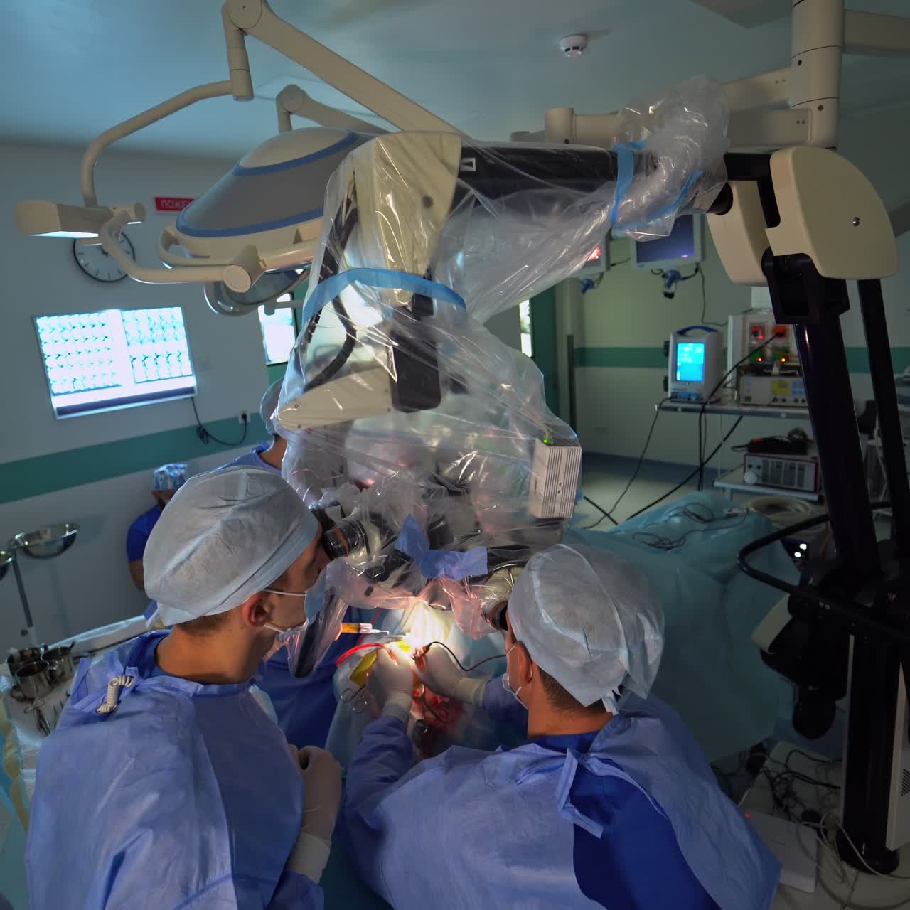 Surgery doctors with assistant in teamwork. Neurosurgery specialists working in emergency room