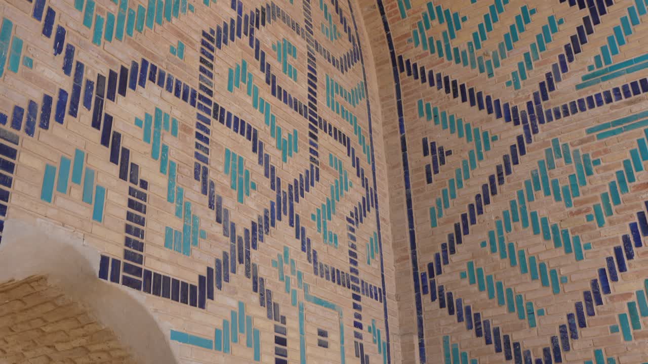 Beautiful blue glazed tiles in Timurid building, Merv, Turkmenistan architecture