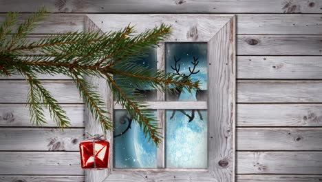 Animation-Von-Schnee,-Der-über-Weihnachtsgeschenk-Und-Fenster-Fällt