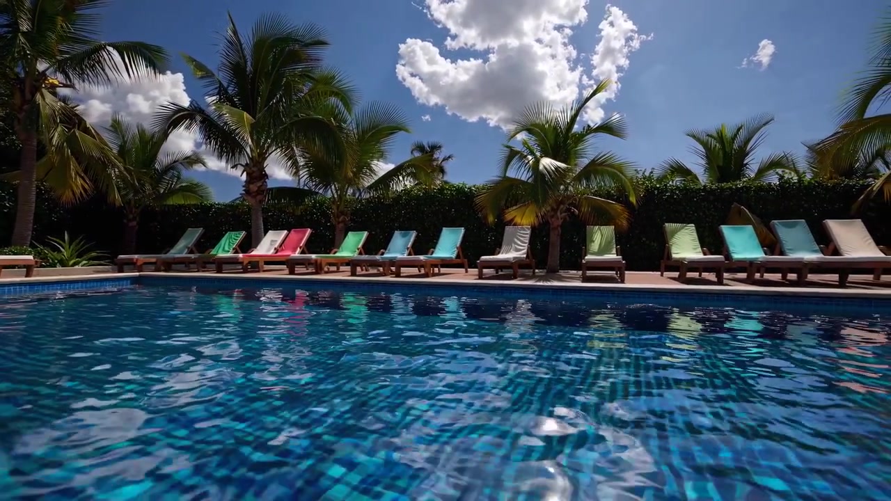 Sunny Tropical Swimming Pool with Colorful Lounge Chairs and Palm Trees