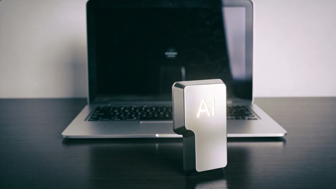 Coperchio del laptop che si apre e si chiude mentre l'illuminazione cambia sulla scrivania, con il blocco AI che rimane centrato.