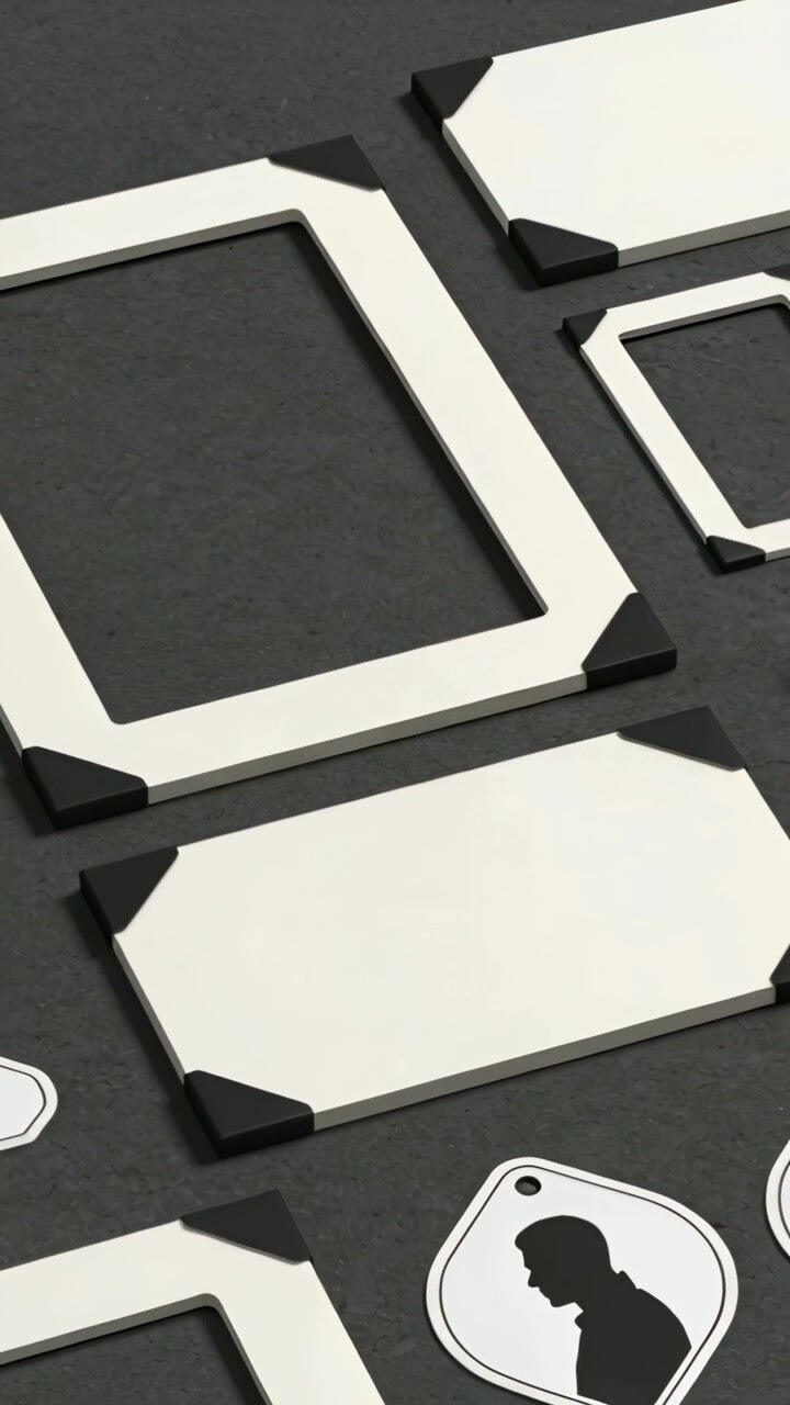 Vertical video: Panning camera revealing white frames, blank cards, ID tags on dark mat for display