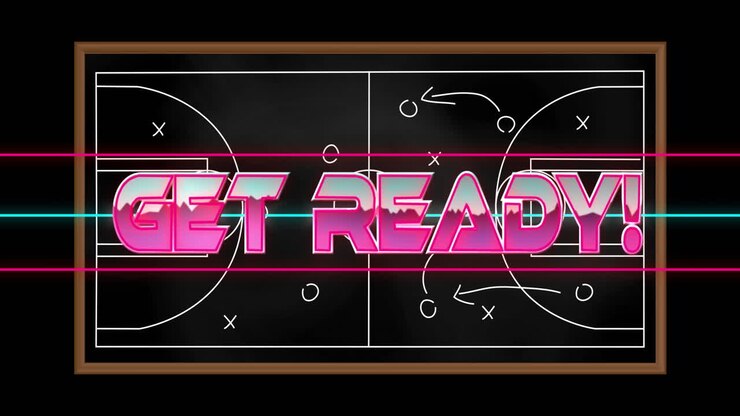Get Ready! text animation over basketball strategy board with plays and arrows