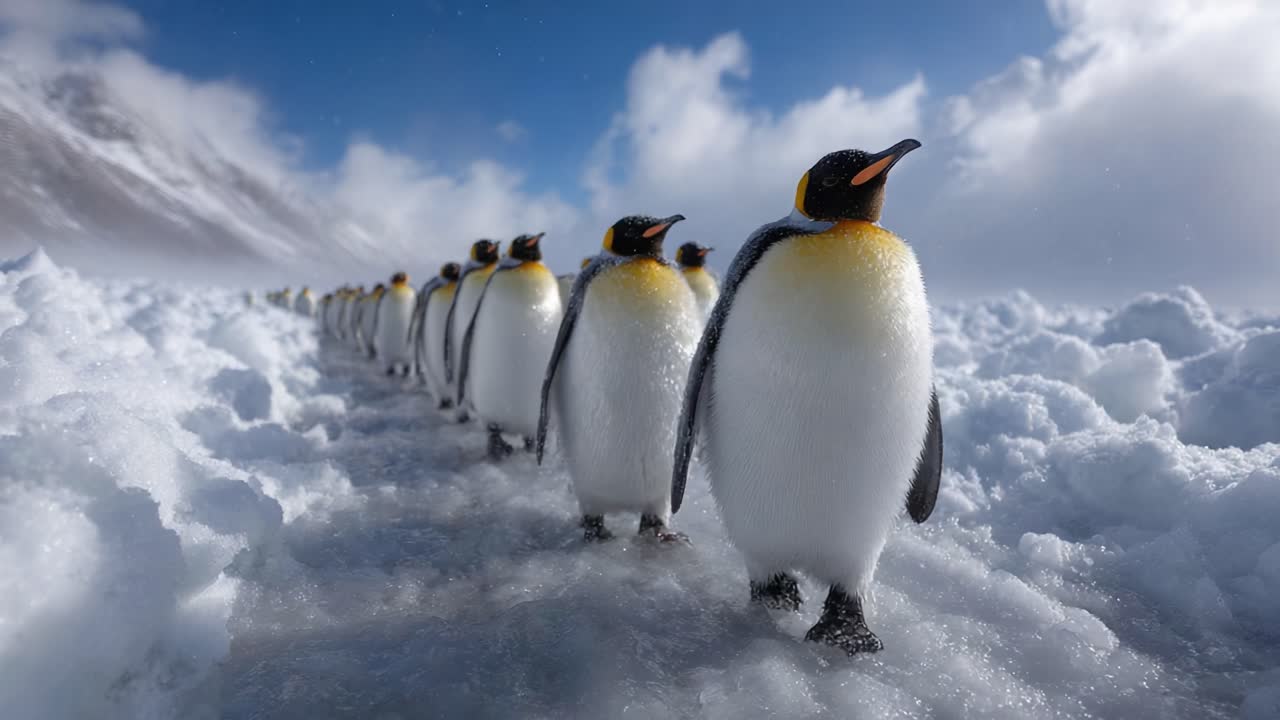 A Stunning March of Emperor Penguins Across the Icy Landscape, Capturing the Majesty of Nature and Wildlife in Their Natural Habitat