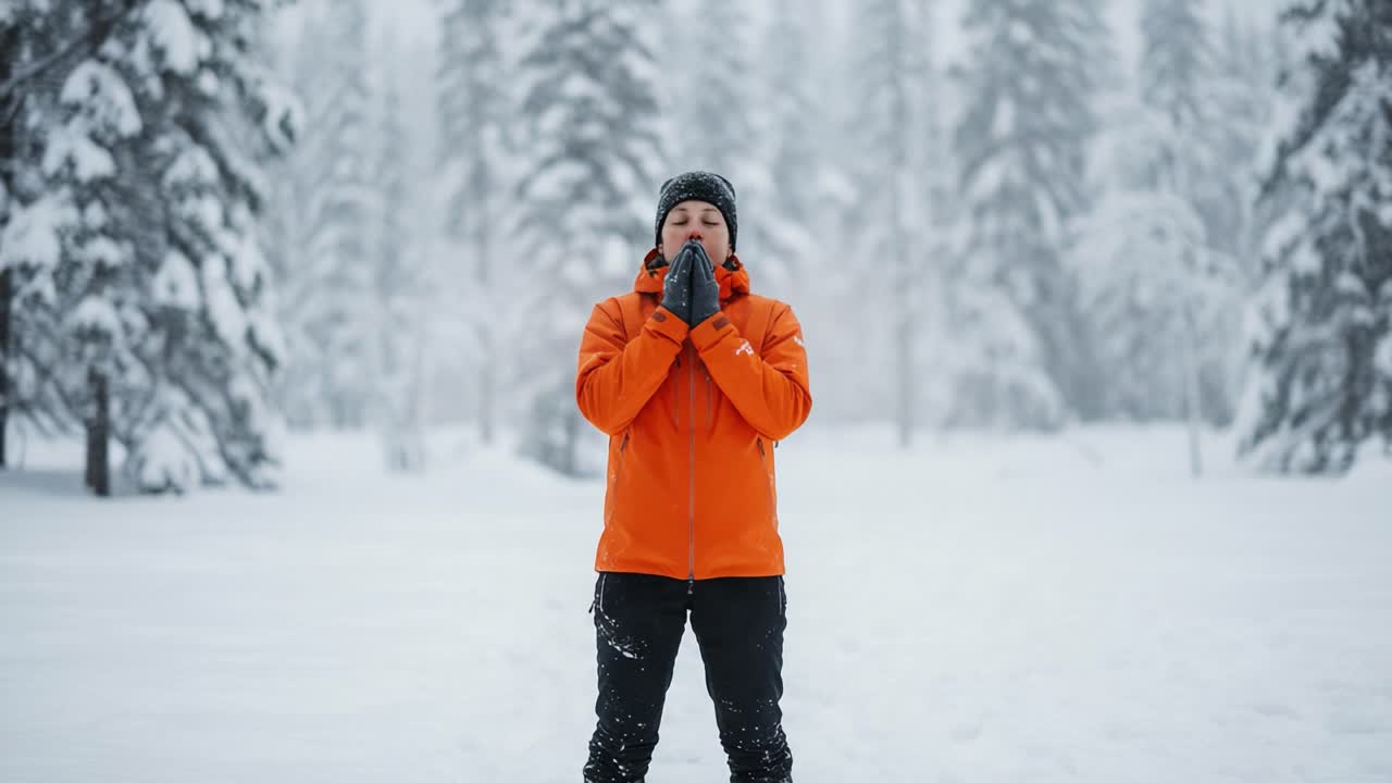 A Person in an Orange Jacket Enjoys the Tranquility of a Snowy Landscape, Embracing the Peacefulness of Winter in a Serene Forest Setting