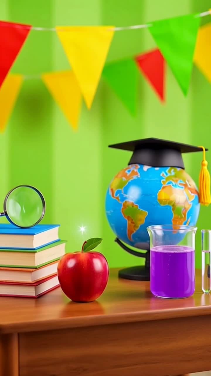 Perlengkapan sekolah di meja melambangkan pendidikan dan pembelajaran