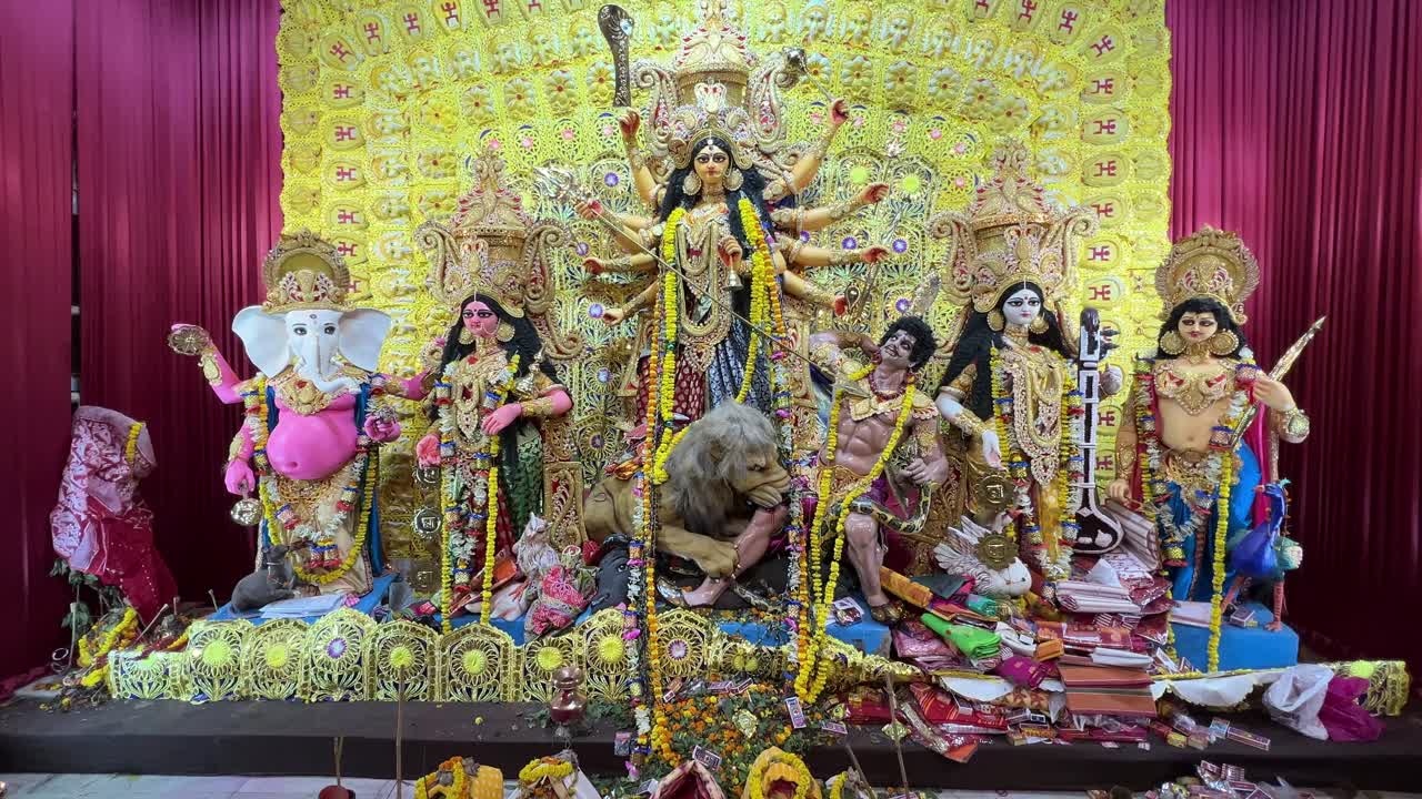 Wide shot of a huge sized Goddess Durga sculptor in Kolkata.