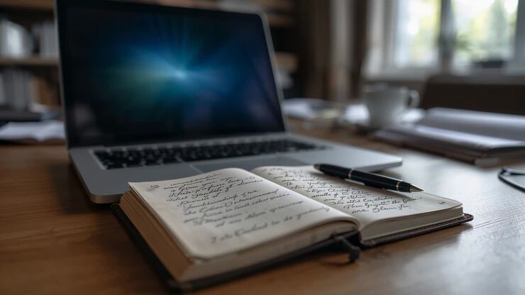 Pulling camera focusing toward open notebook on home office desk, highlighting pen and laptop
