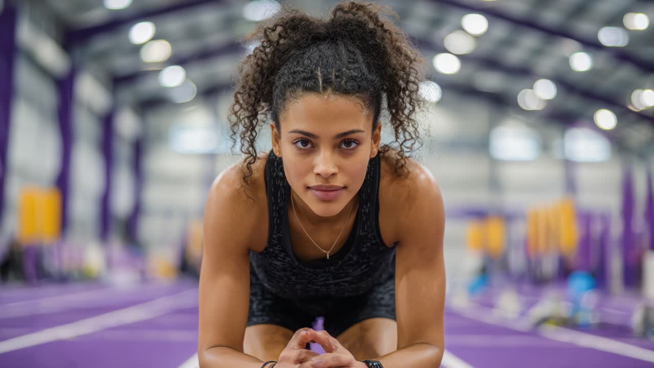 Focused Athlete Preparing for Track and Field Competition in a Well-Equipped Indoor Training Facility, Displaying Intense Determination and Athleticism