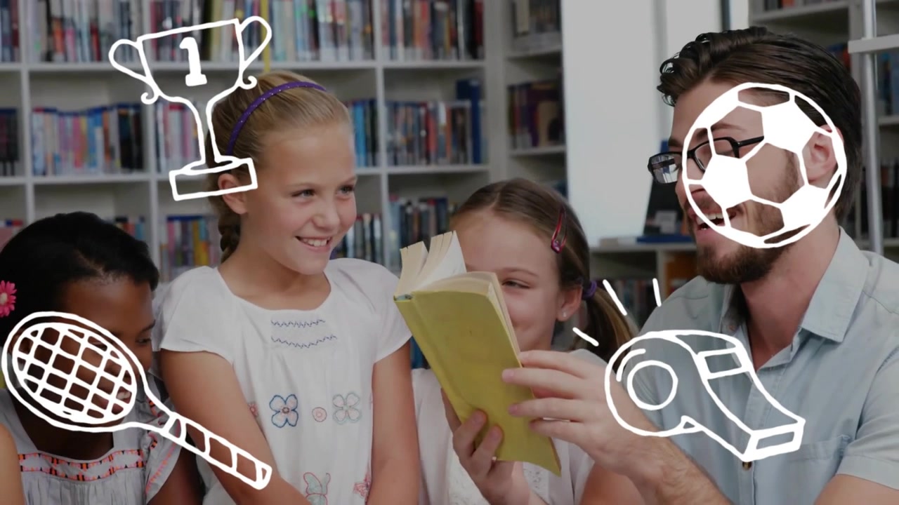 Teacher opening yellow book reading aloud engaging students in library animating sports doodles