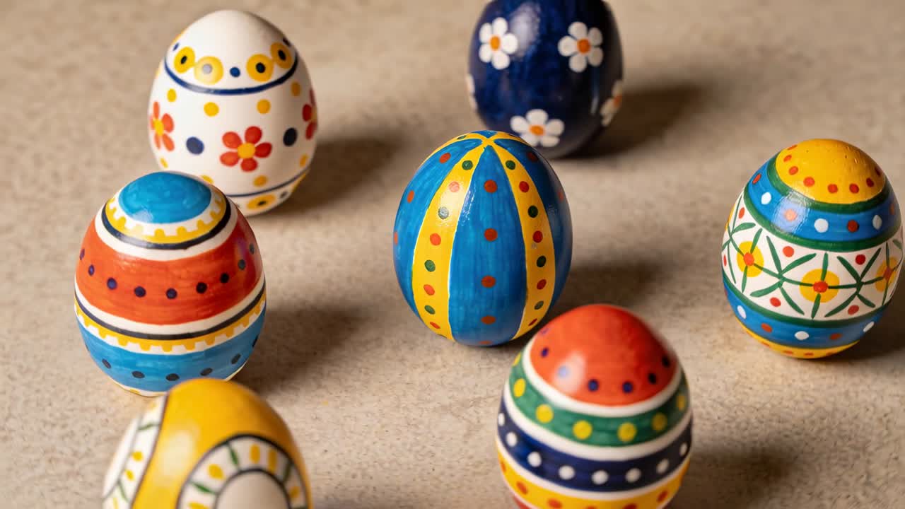 Shifting camera revealing close-up cluster of painted eggs on beige table, showcasing bright motifs