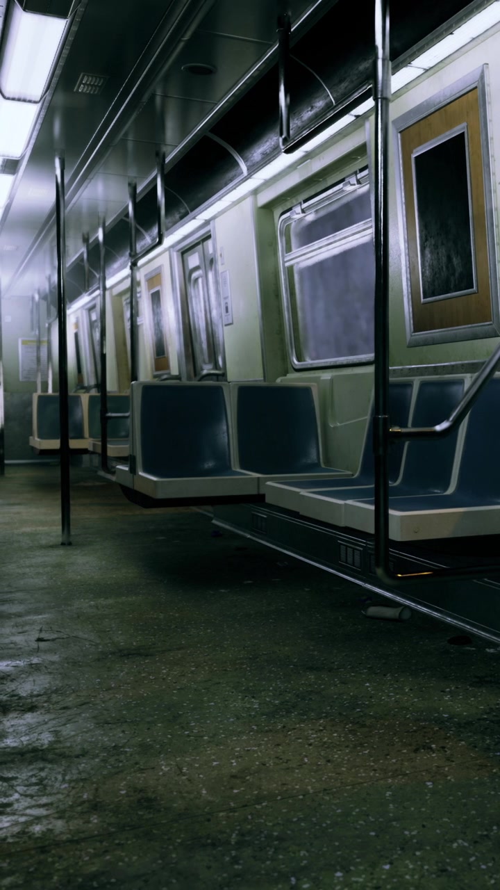 Interno di un treno della metropolitana con sedili vuoti e illuminazione fioca nelle prime ore del mattino.