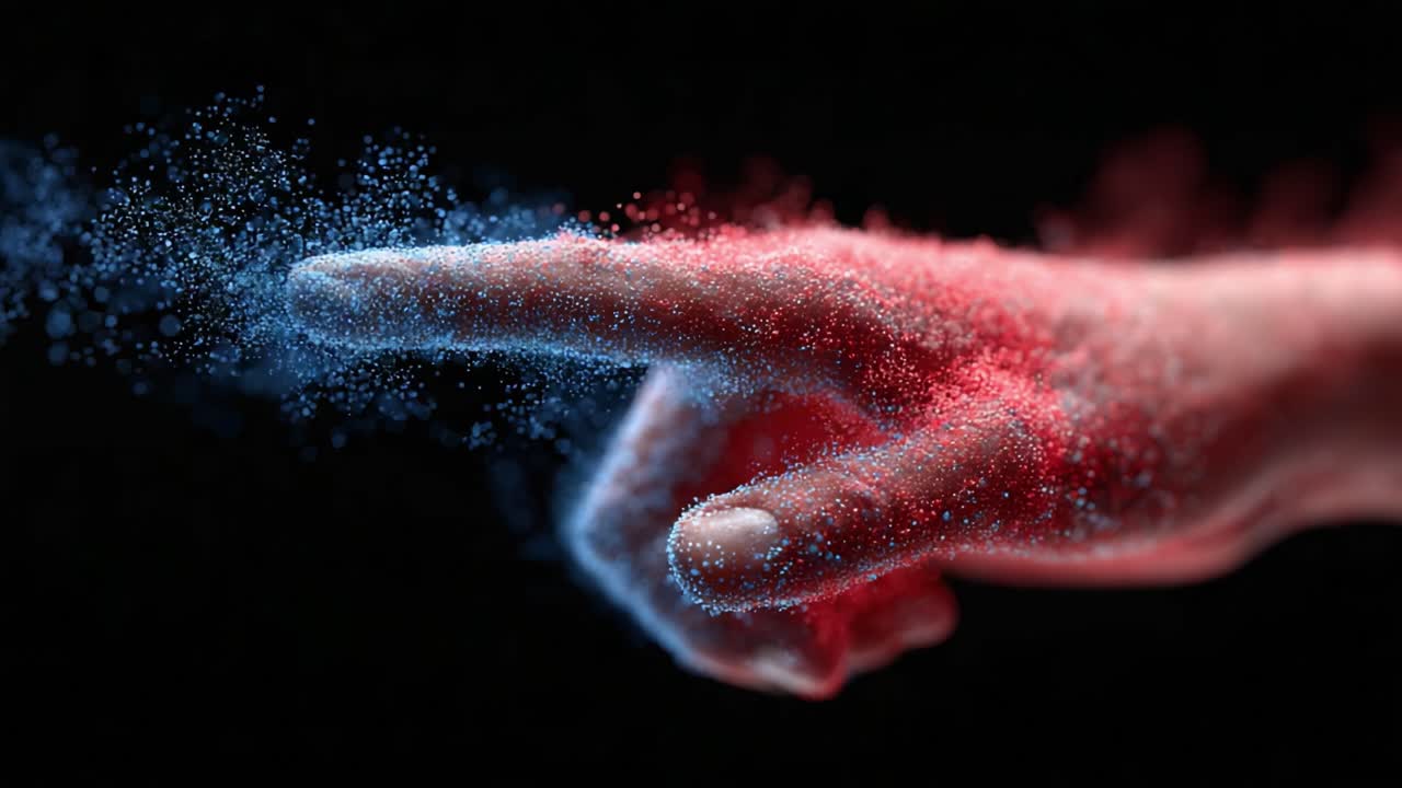 A Mesmerizing Display of Color and Motion: A Hand Surrounded by Vibrant Red and Blue Dust, Capturing the Essence of Dynamic Interaction in a Stunning Visual Experience