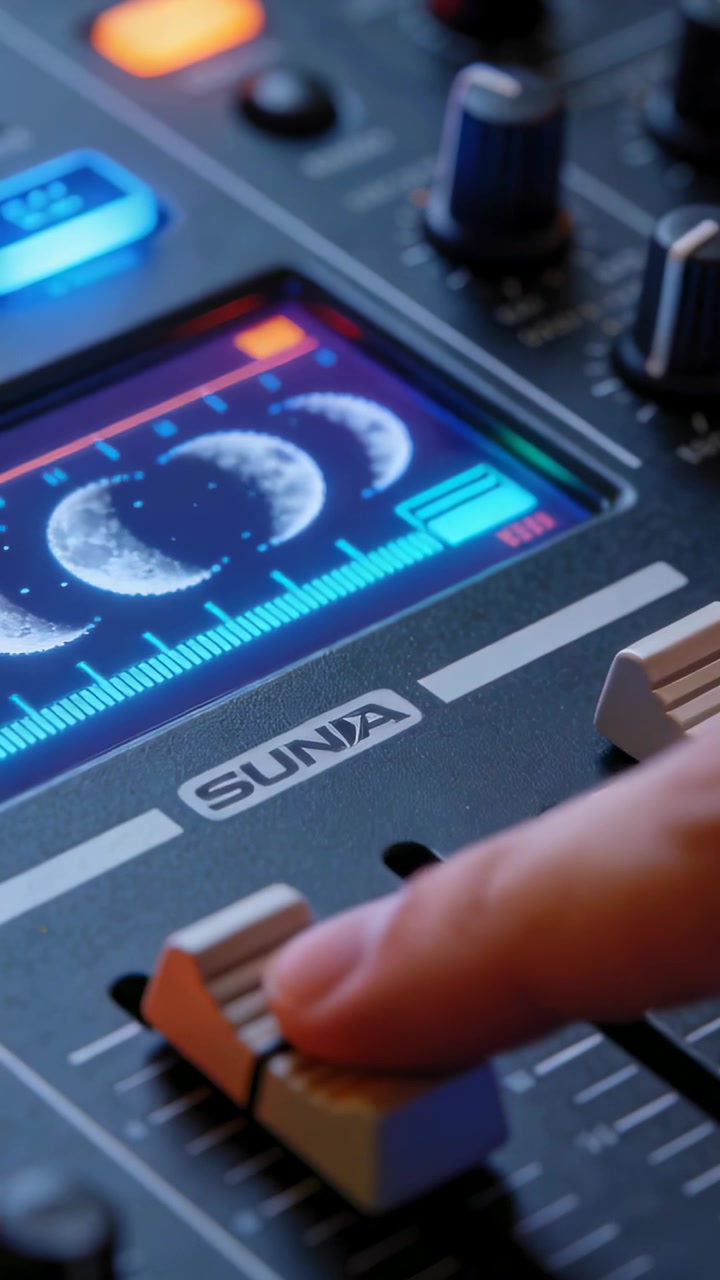 Vertical video: Entering fingertip on SUNVA console adjusting grey fader at studio, changing level