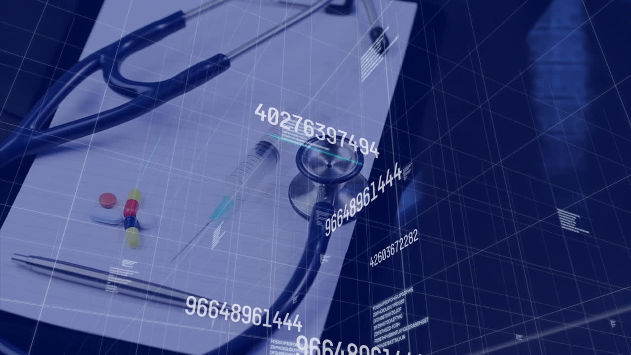 animación de números crecientes sobre el estetoscopio y las píldoras