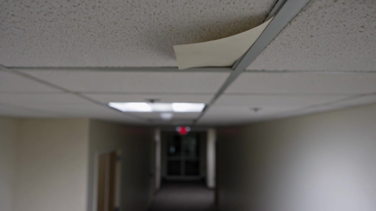Showing peeling tile curling and swinging with frames progressing in dim hallway, exit sign