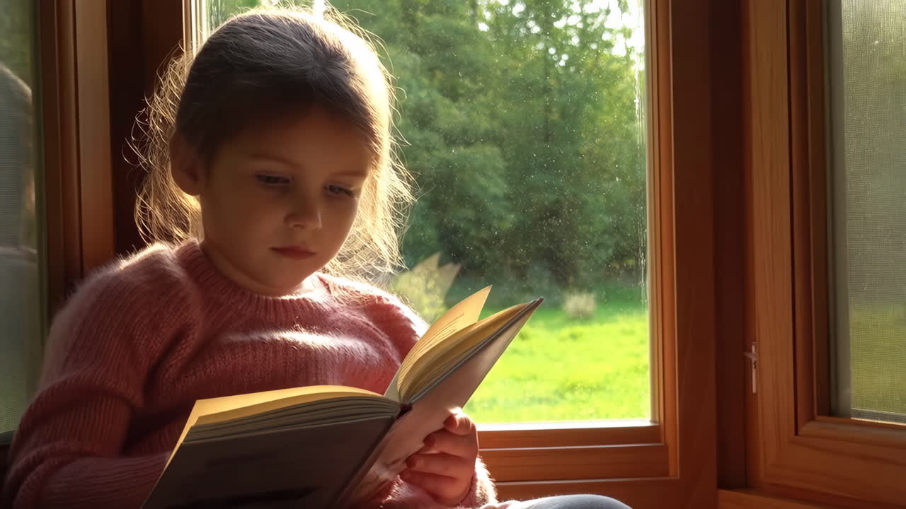 A young girl reads a book by a sunlit window