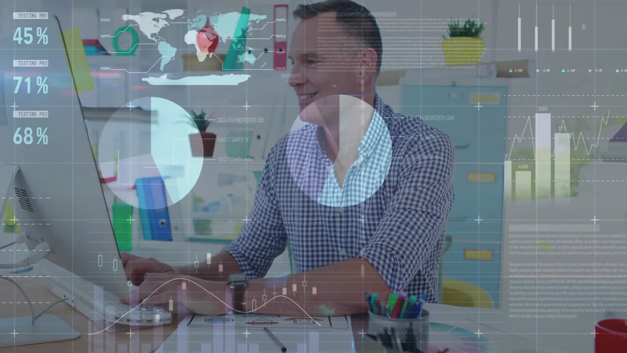 Business professional man working at desk, monitoring animated data graphs and world map overlays