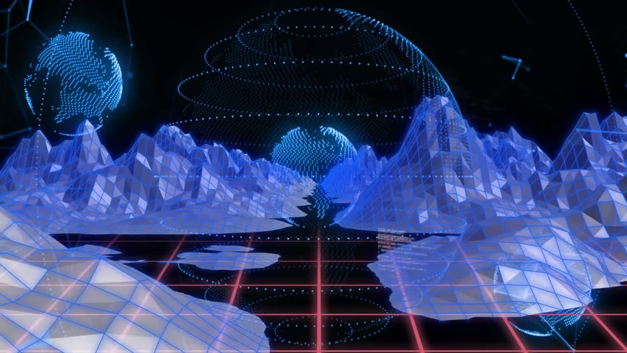 Grid extending into wire mountains causing sphere forming, scrolling code and rippling puddles